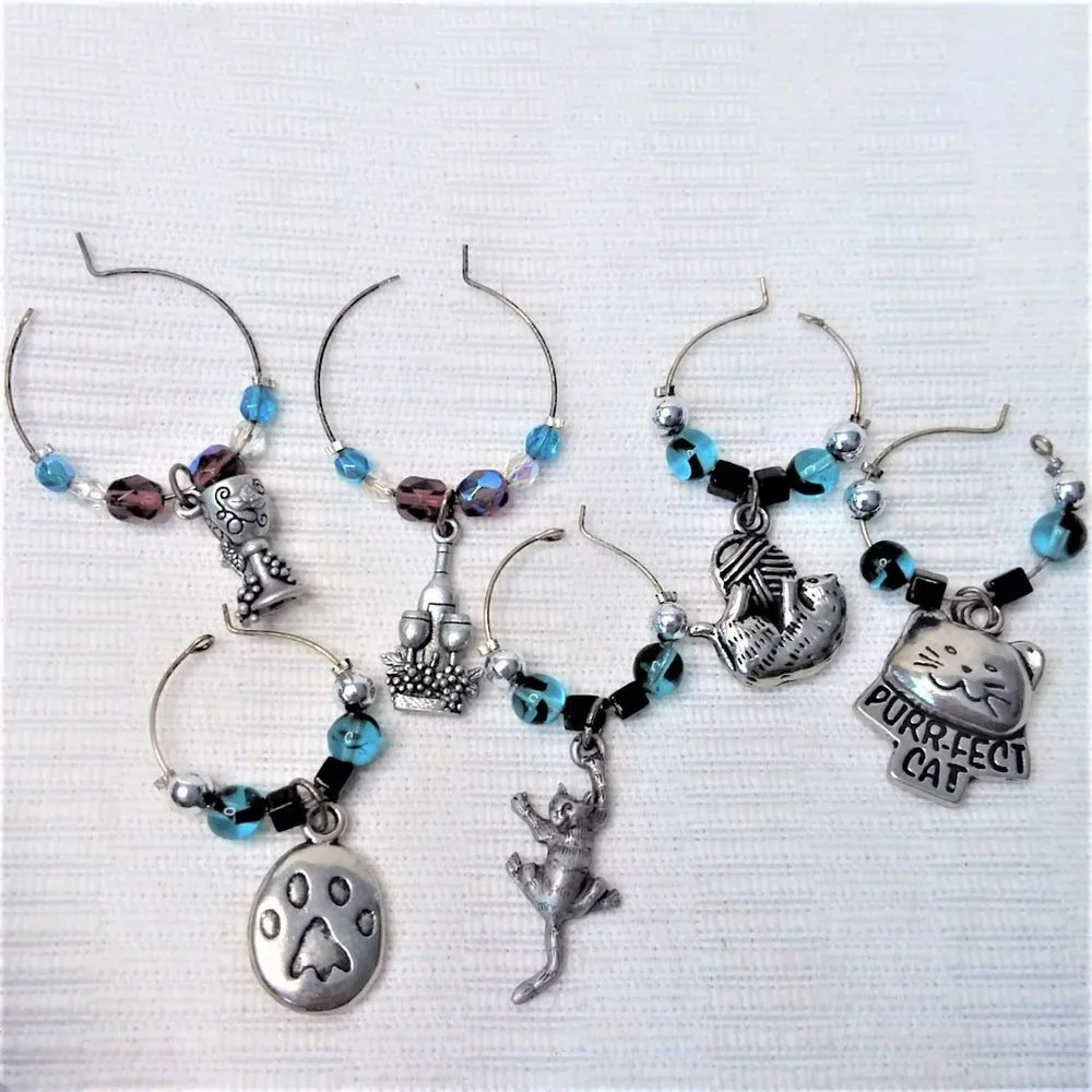 Glass Charms Drink Markers 6pc Wine Kitty Cat Beaded Handmade Bar Party Fun
